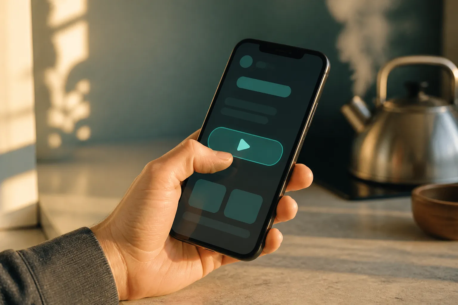 A thumb hovers over a glowing play-style button on an iPhone held in a warm kitchen, with a kettle blurred in the background.