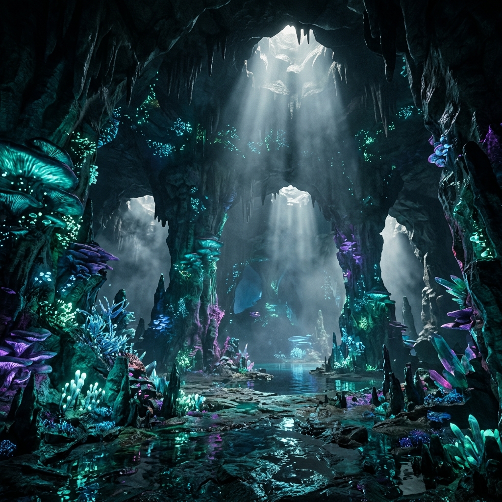 A vast bioluminescent alien cavern filled with glowing teal and violet crystalline formations, mist, and dramatic light rays filtering through rocky ceiling fissures