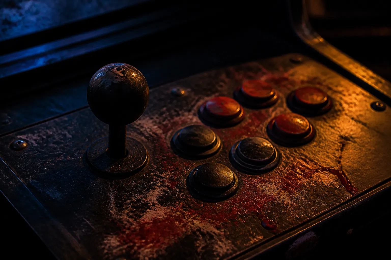 Close-up of a worn arcade control panel with a joystick and round buttons, their paint rubbed away where players' thumbs most often press, lit in moody amber and blue.
