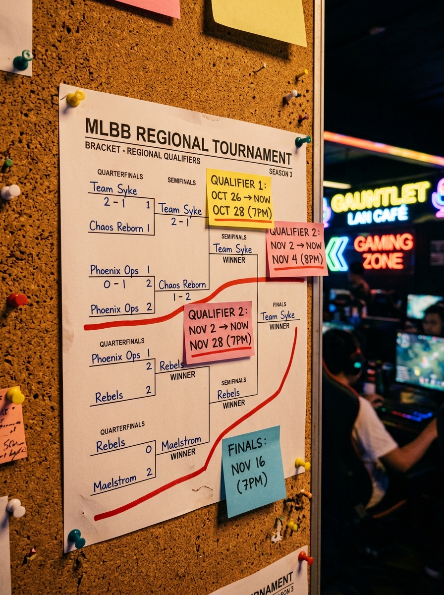 A grassroots MLBB qualifier bracket pinned to a LAN café corkboard with handwritten revised dates and sticky notes under warm amber lighting
