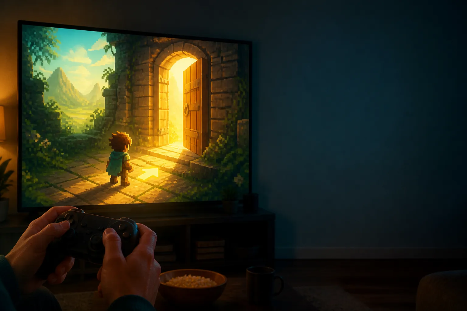 A player's hands on a controller as a small on-screen character steps toward an opening door, guided by a glowing hint arrow and a burst of light that confirms the action.