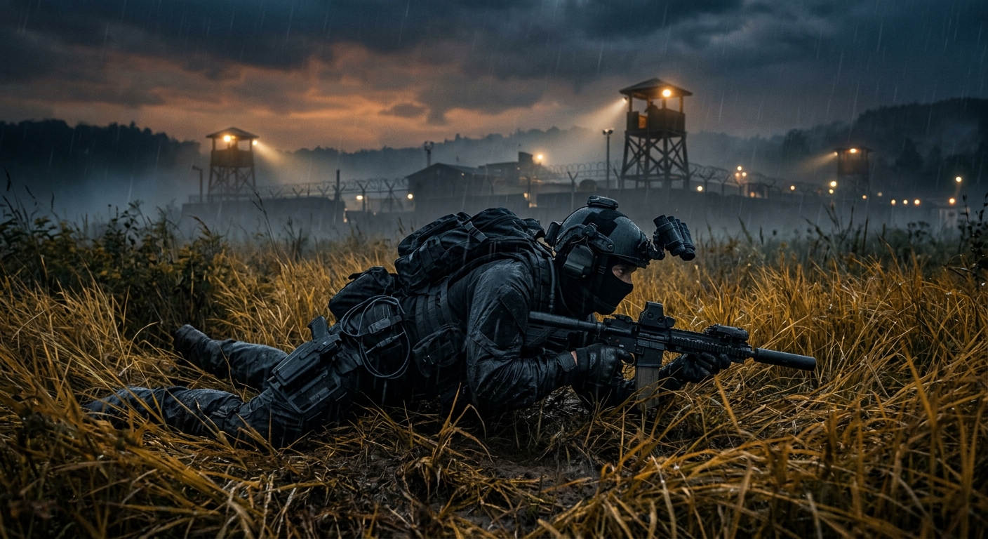 A stealthy soldier in a black tactical suit crawls through tall golden grass at dusk, with a glowing enemy outpost visible through the mist in the background under a dramatic orange sky