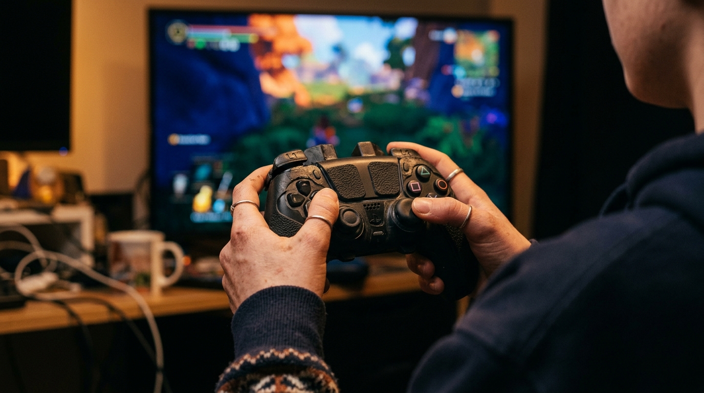 Close-up of hands holding an adaptive game controller with modified tactile buttons, a glowing high-contrast game screen softly visible in the background.