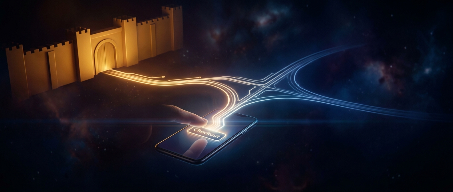 A glowing smartphone screen shows a payment button with a fingertip hovering above it, as a branching trail of light splits into two paths, one toward a walled gate, one curving freely into open space.