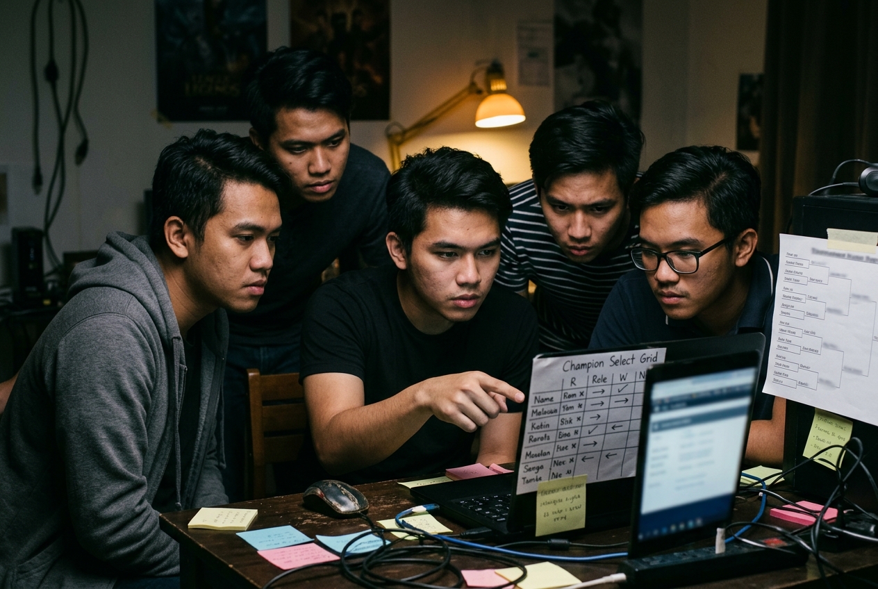 Five grassroots Wild Rift players lean over a laptop during champion select, one pointing at handwritten draft notes taped beside the screen before their first Clash bracket match