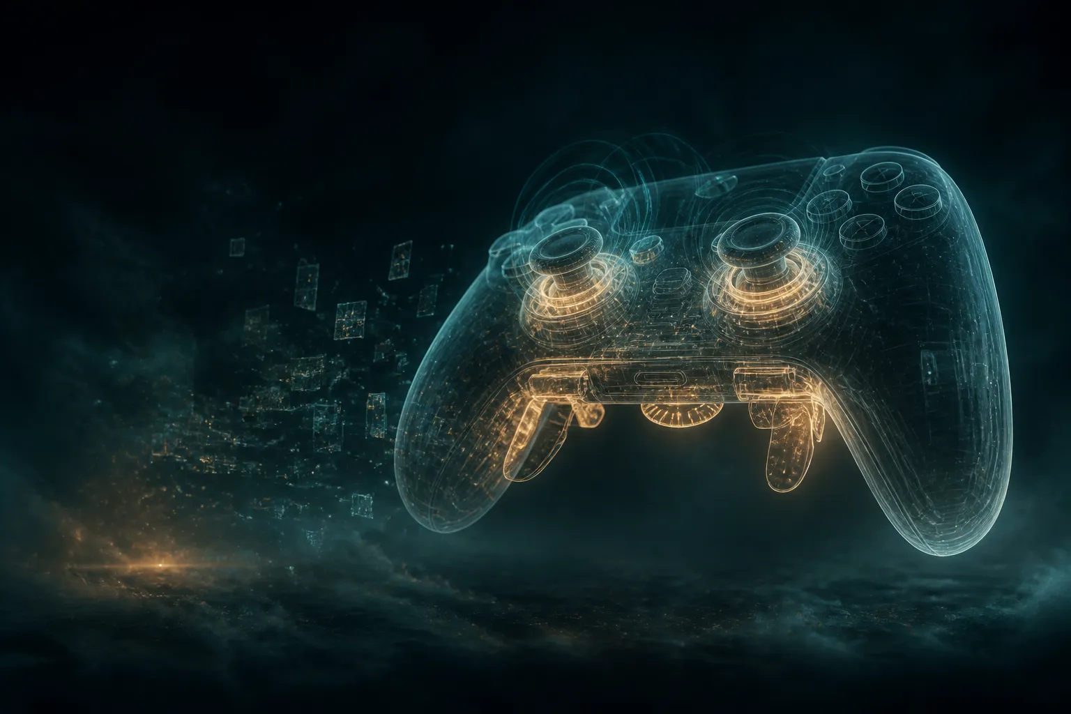 A translucent wireframe game controller floats in dark mist, glowing sensor rings hinting at unconfirmed hardware, while fragments of digital files dissolve into pixels around it.