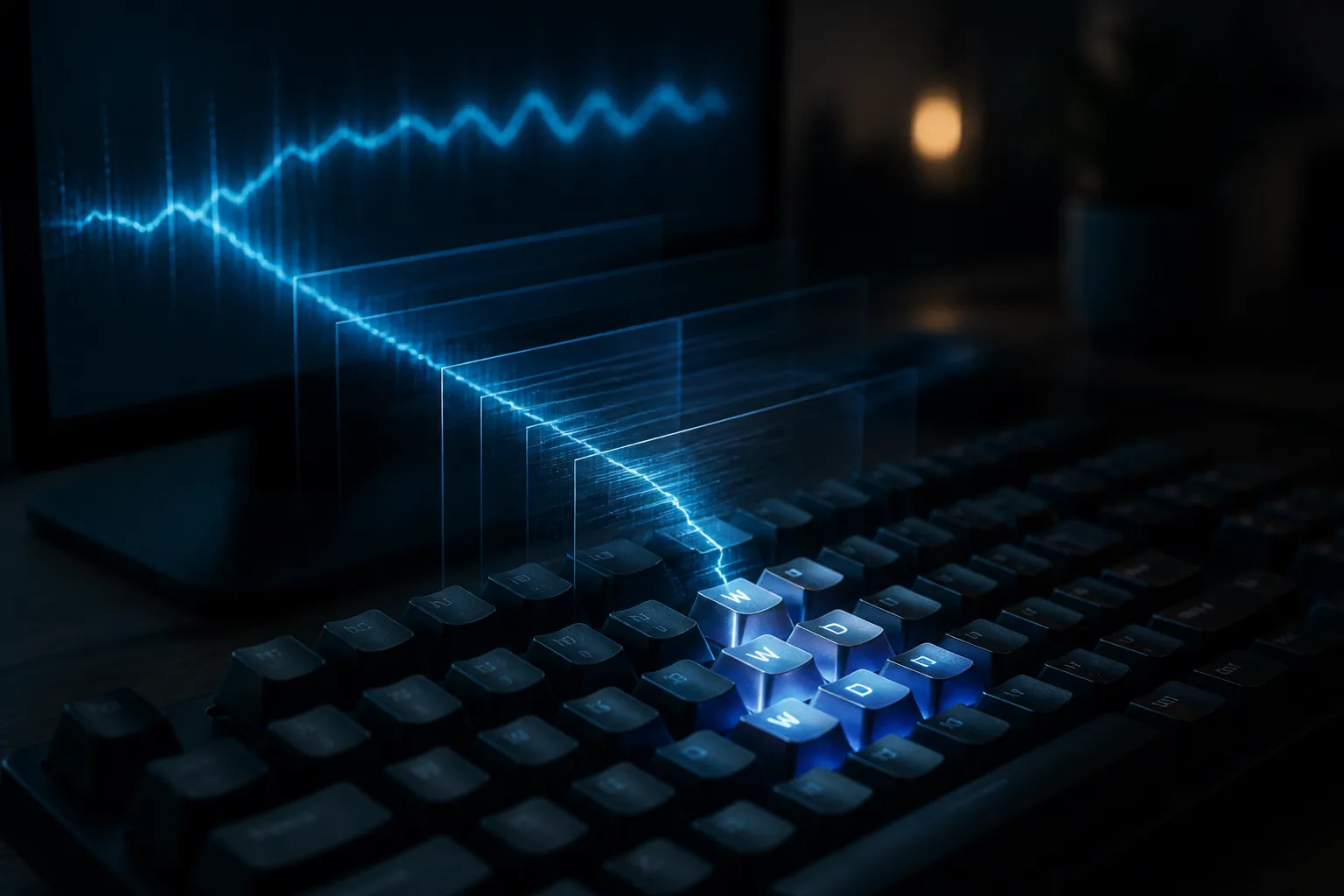 A dark mechanical keyboard lit by cool blue backlight, with glowing light tracing a signal path from the movement keys through layered panels, suggesting a keypress traveling through the system.