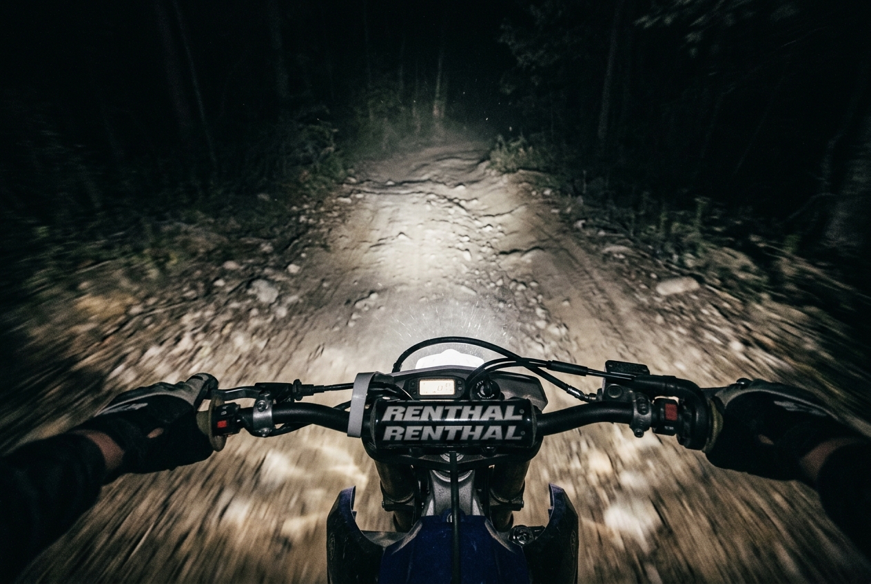 A dirt bike rider's point-of-view at night, headlight beam carving through darkness to reveal a narrow dirt track, handlebars in foreground, dust particles glowing in the light.