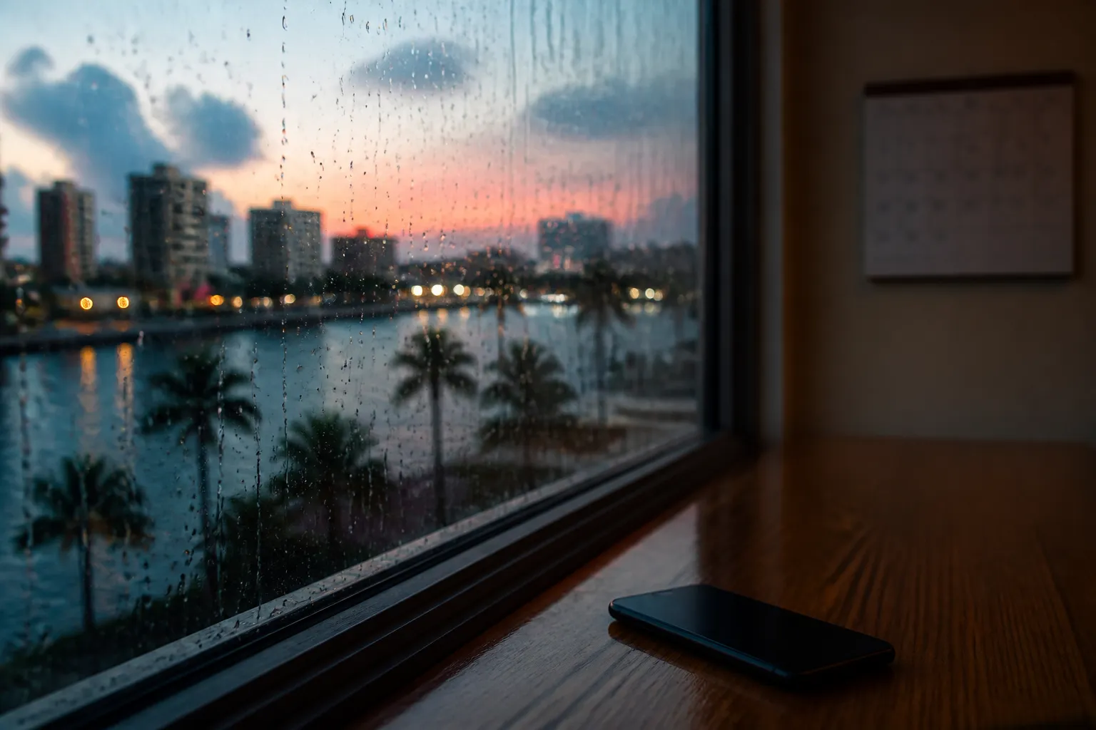 A rain-spotted window reflects a distant waterfront city at dusk, with palm trees and soft lights on the water, while a dark phone rests face down on a table inside the room.