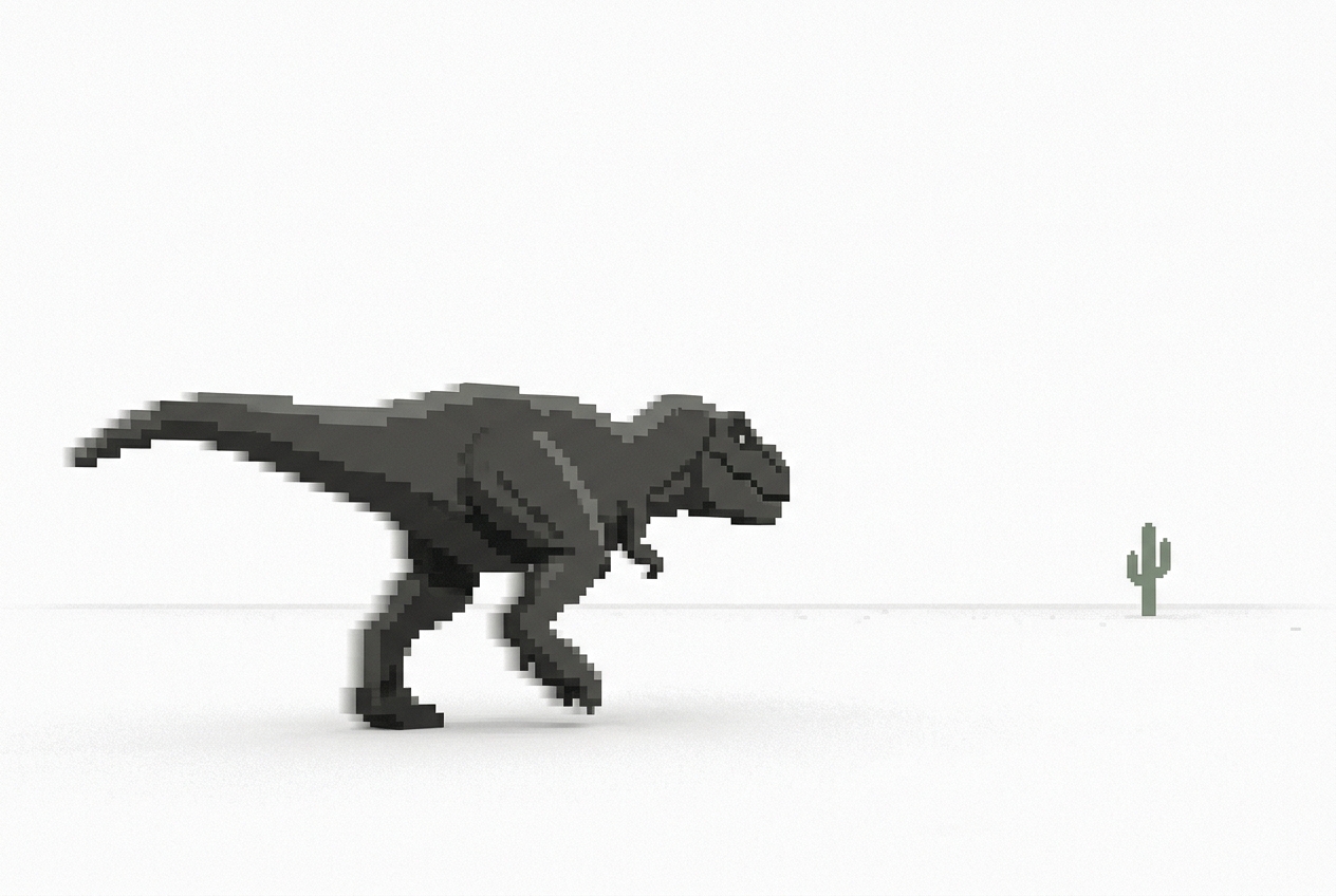 A pixelated T-Rex sprints across a stark white offline landscape toward a distant cactus, caught mid-stride in a low-angle close view.