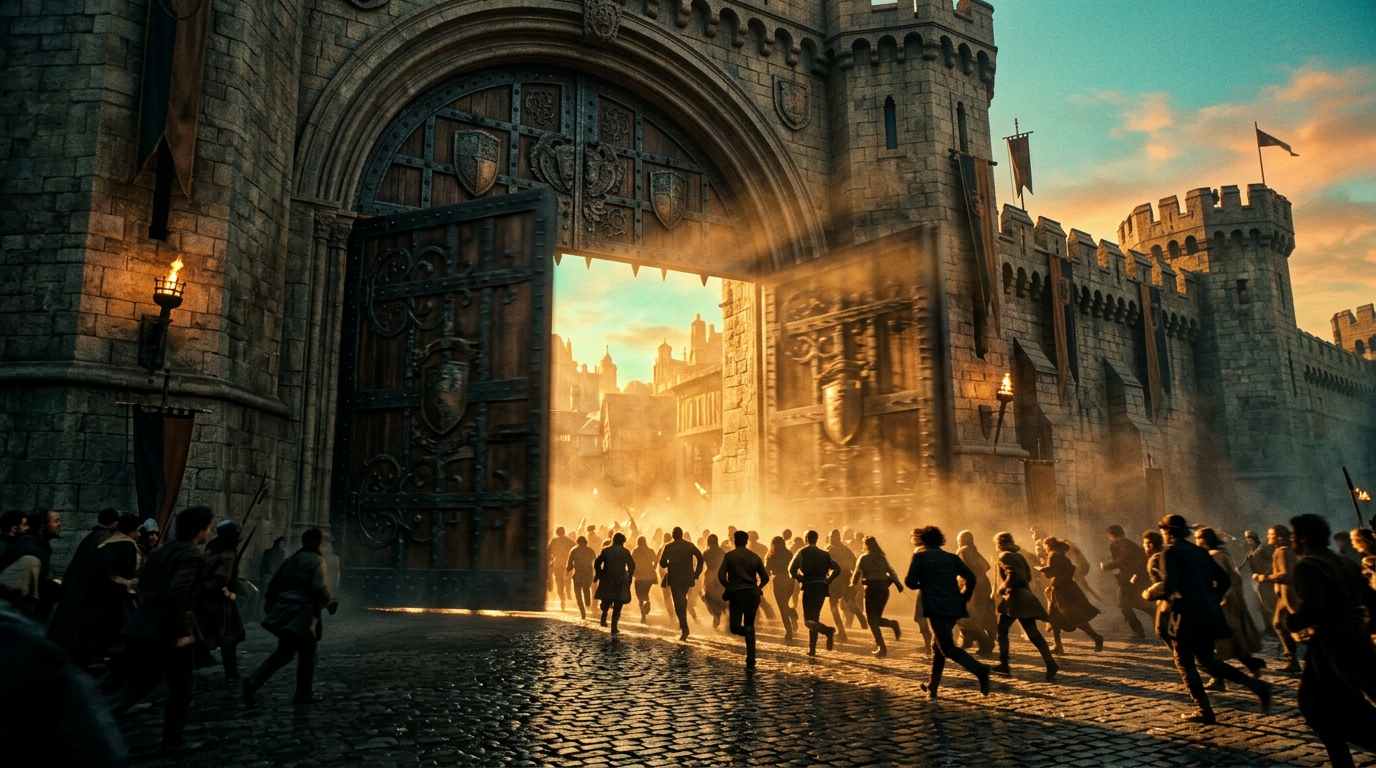 Massive ornate gates swinging open at golden hour with a crowd surging through into dramatic amber light