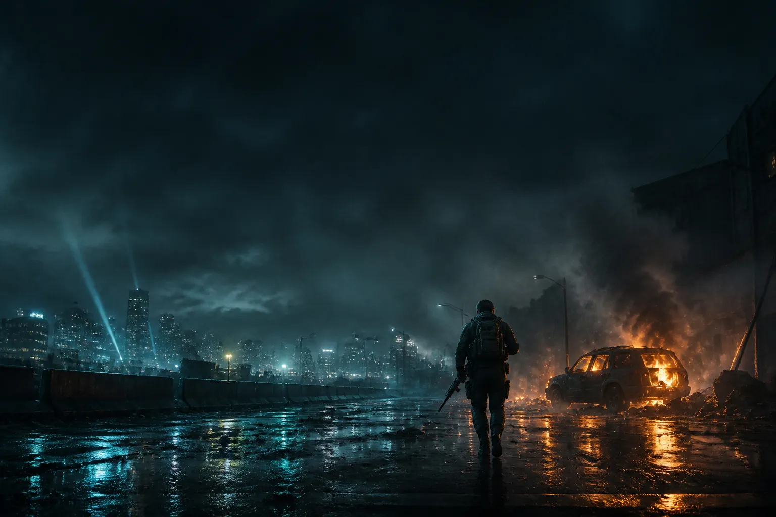 Wide cinematic night scene of a lone armed operative moving through a rain-soaked city street lit by neon reflections, with smoke rising from a burning vehicle in the distance.