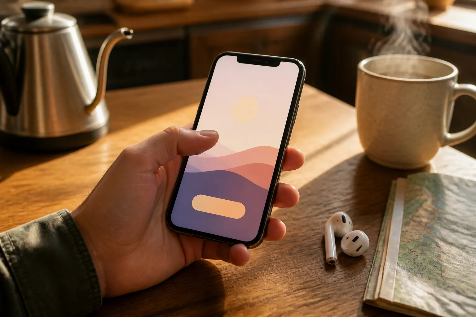 A hand hovers a thumb over an iPhone resting on a café table, its screen glowing with a simple abstract game button, while a kettle and mug sit softly blurred behind it.