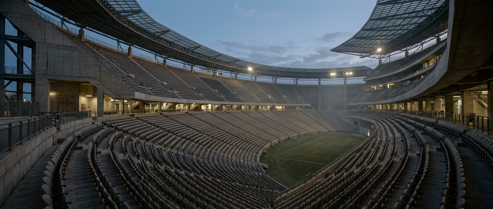 Empty stadium interior at dusk with curved rows of seats and steel roof structure bathed in ambient light