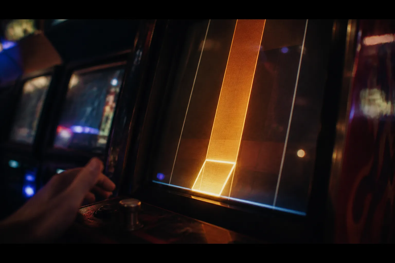 A dark arcade cabinet lit by an amber warning glow as a hazard descends a lane, with a player's hand poised above the controls in the foreground.