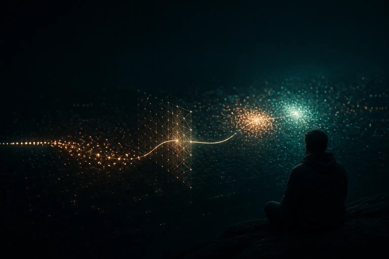 A dark, moody field of scattered glowing points with two close clusters and a wide empty gap, linked by a faint line of light from a sequence on the left through a grid in the center to a silhouetted player on the right.