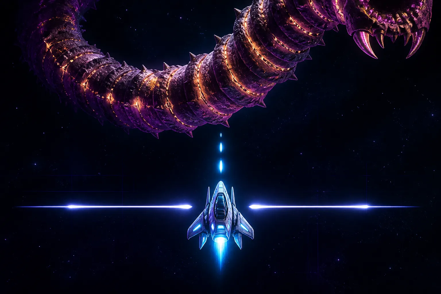 A small cyan starfighter sits near the middle of the screen beneath a segmented amber and magenta serpent creature overhead, with clear firing lanes of light open on both sides.