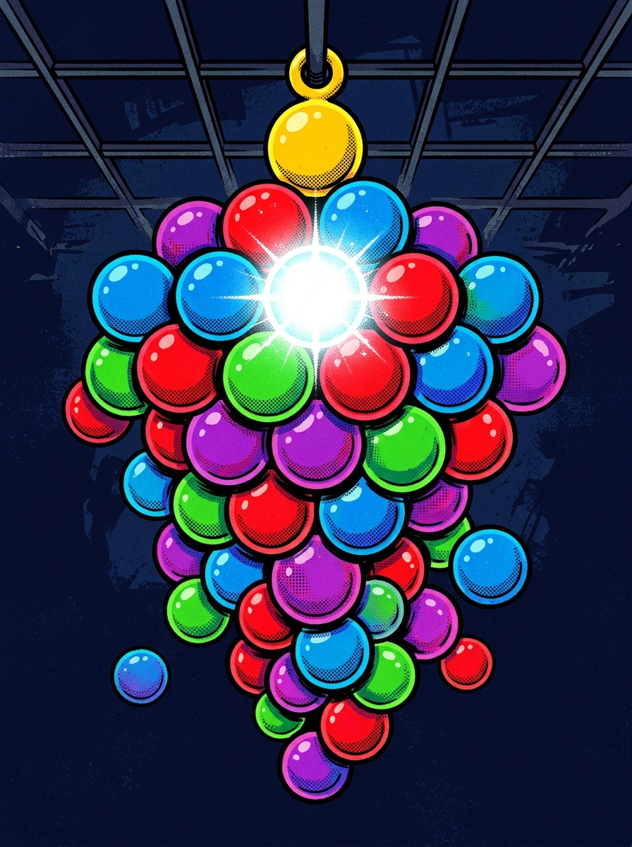 A dangling cluster of colorful arcade bubbles hanging from a ceiling anchor, one shot away from a cascade drop
