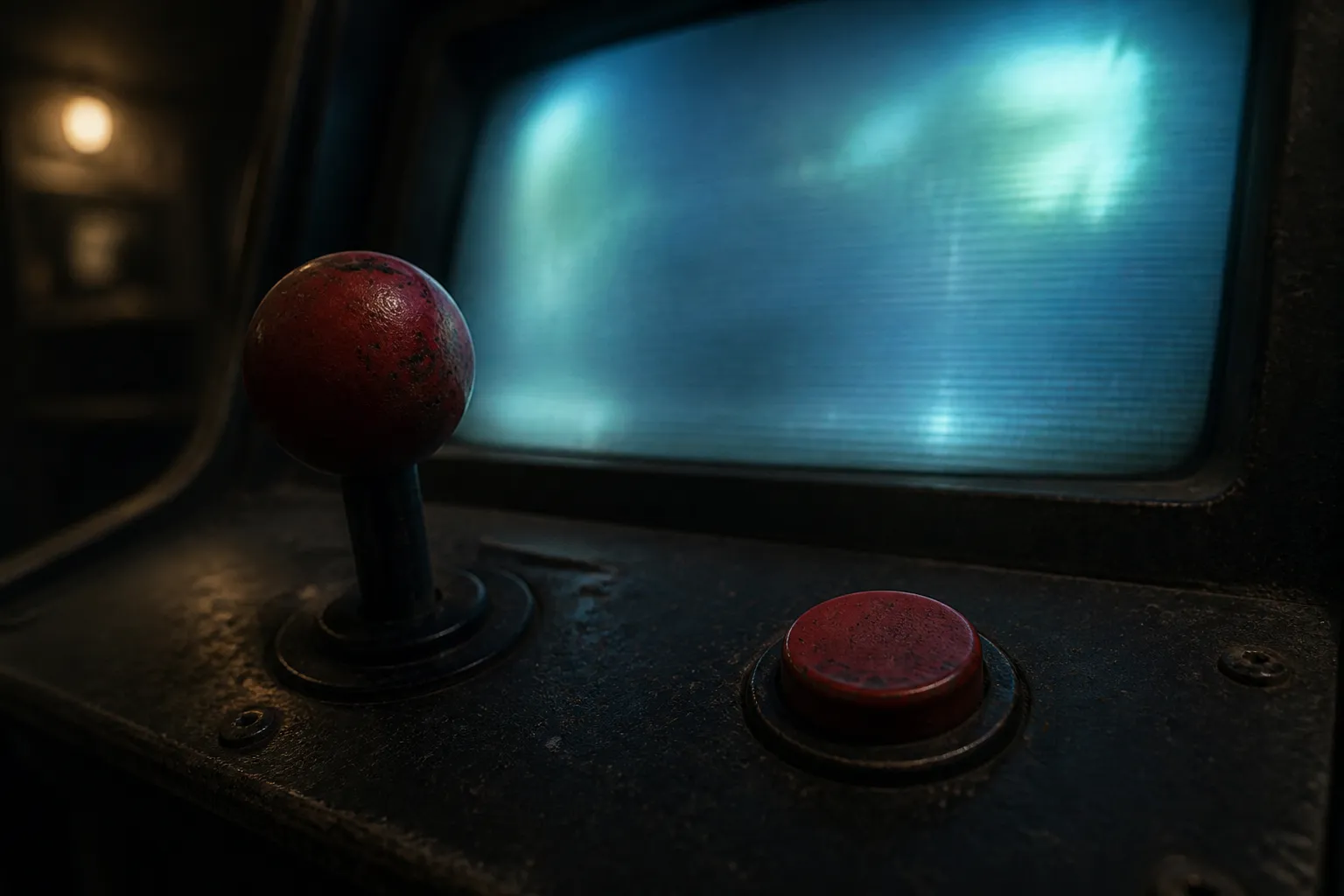 Close view of a worn arcade joystick and fire button in a dim room, lit by the soft glow of a screen.