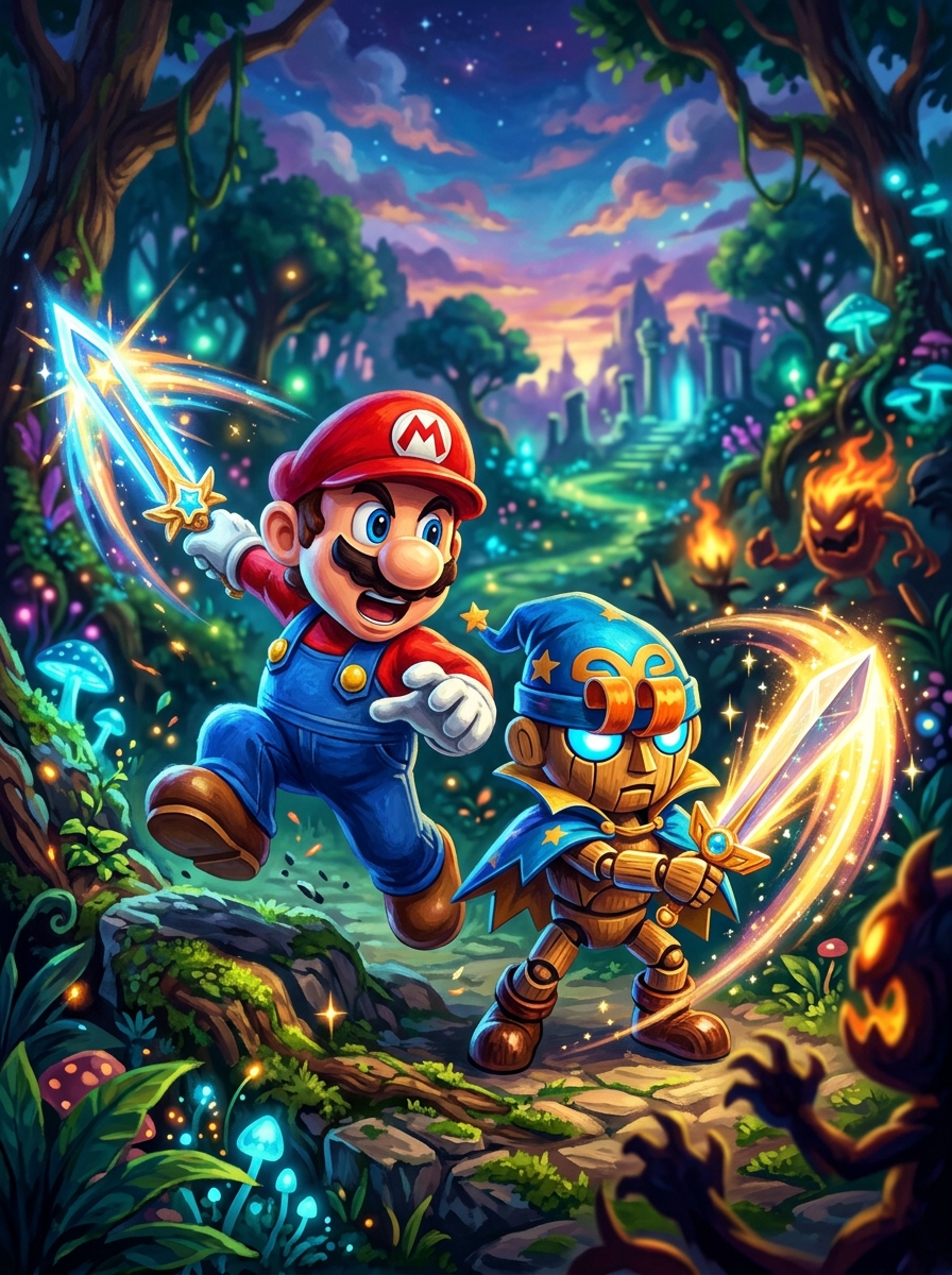 Illustrated close-up of Mario and Geno in a colorful battle scene from Super Mario RPG remake