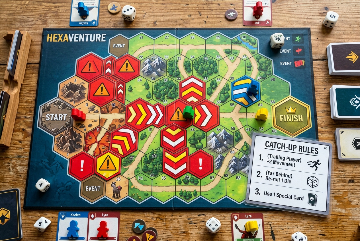 Overhead view of a colorful board game in progress showing a hexagonal tile grid with bold red hazard chevrons, player tokens at opposite ends of the board, and a rules reference card beside it