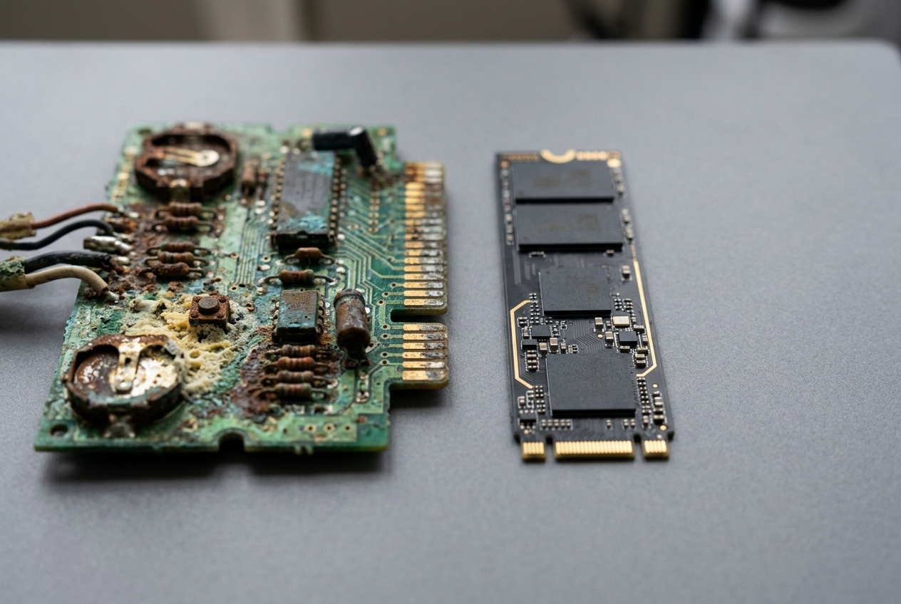 A heavily corroded vintage circuit board with oxidized copper traces and rust damage placed next to a pristine modern SSD drive, illustrating the stark contrast between decaying physical game media and contemporary digital storage technology.