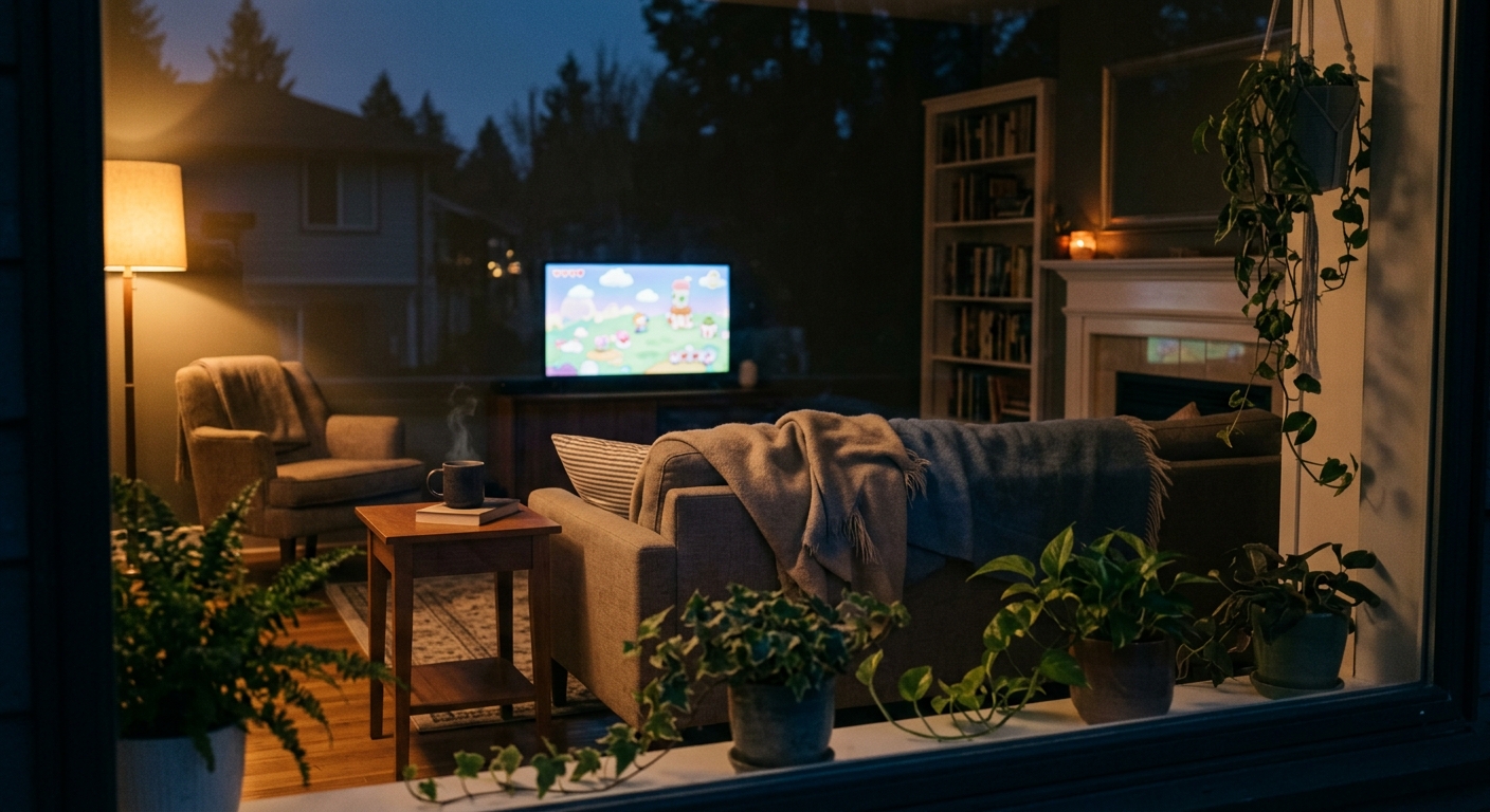 A distant, reflective view of a cozy living room at dusk with a faintly glowing TV screen showing a pastel game world, soft blankets on an empty sofa, silhouetted houseplants, and a cooling mug, conveying quiet warmth and solitude.