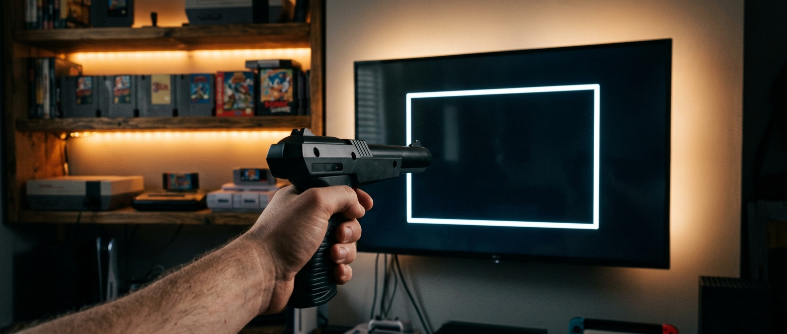 A camera-based IR light gun aimed at a flatscreen television displaying a glowing white calibration border used to replace the CRT flash signal in modern retro gaming setups.