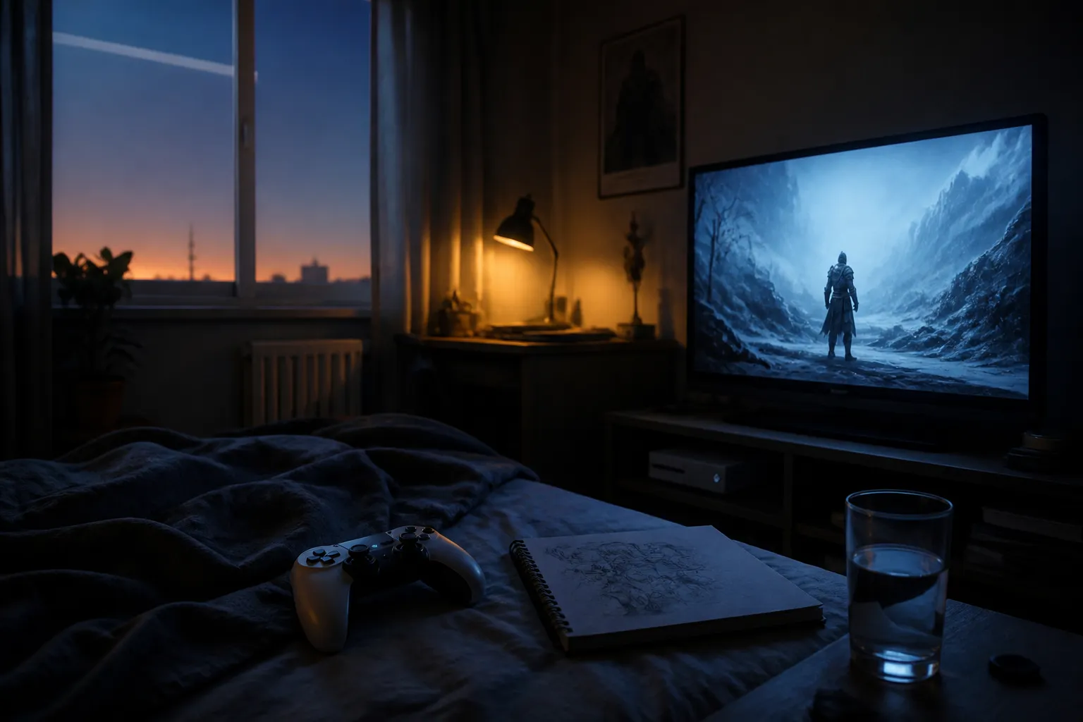 A controller set down on a bed beside a paused game screen at night, with a glass of water and a sketchbook nearby, marking a quiet pause before the next round.
