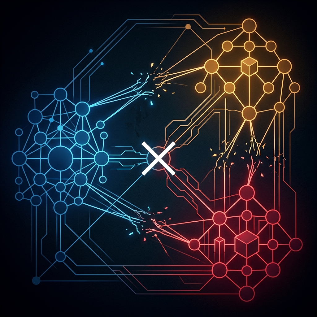 Abstract network diagram with three clusters of colored nodes connected by glowing lines, one central node severed, representing fractured relationships between esports stakeholders