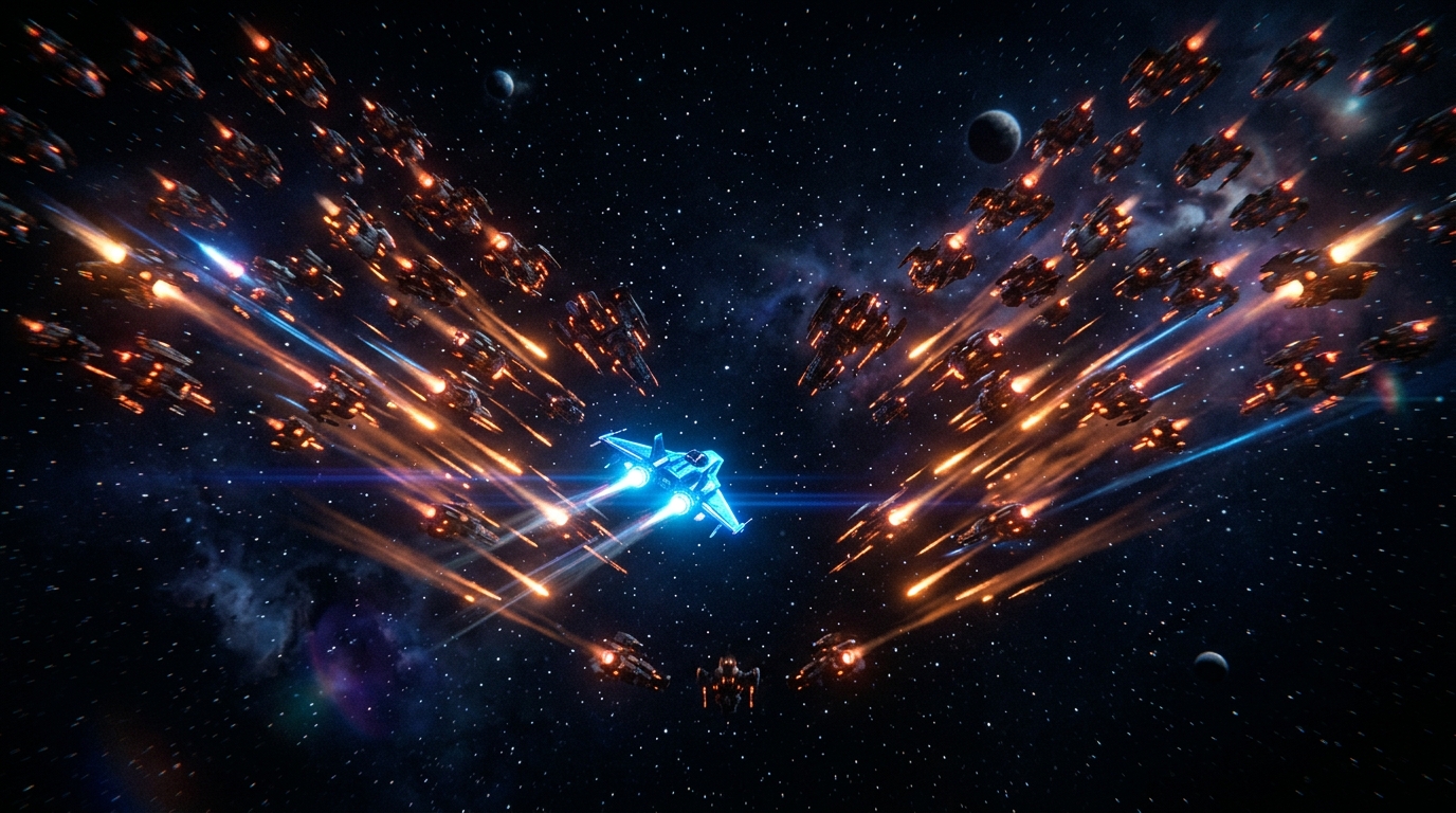 A glowing player spacecraft positioned just off-center as a V-formation of enemy drones splits cleanly around it against a deep black starfield in a dramatic arcade game scene