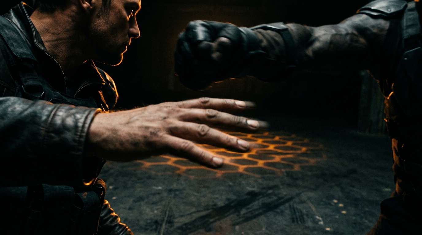 A hand caught in mid-dodge beneath the fading amber glow of a floor warning, with a massive blurred fist completing its swing in the deep background.