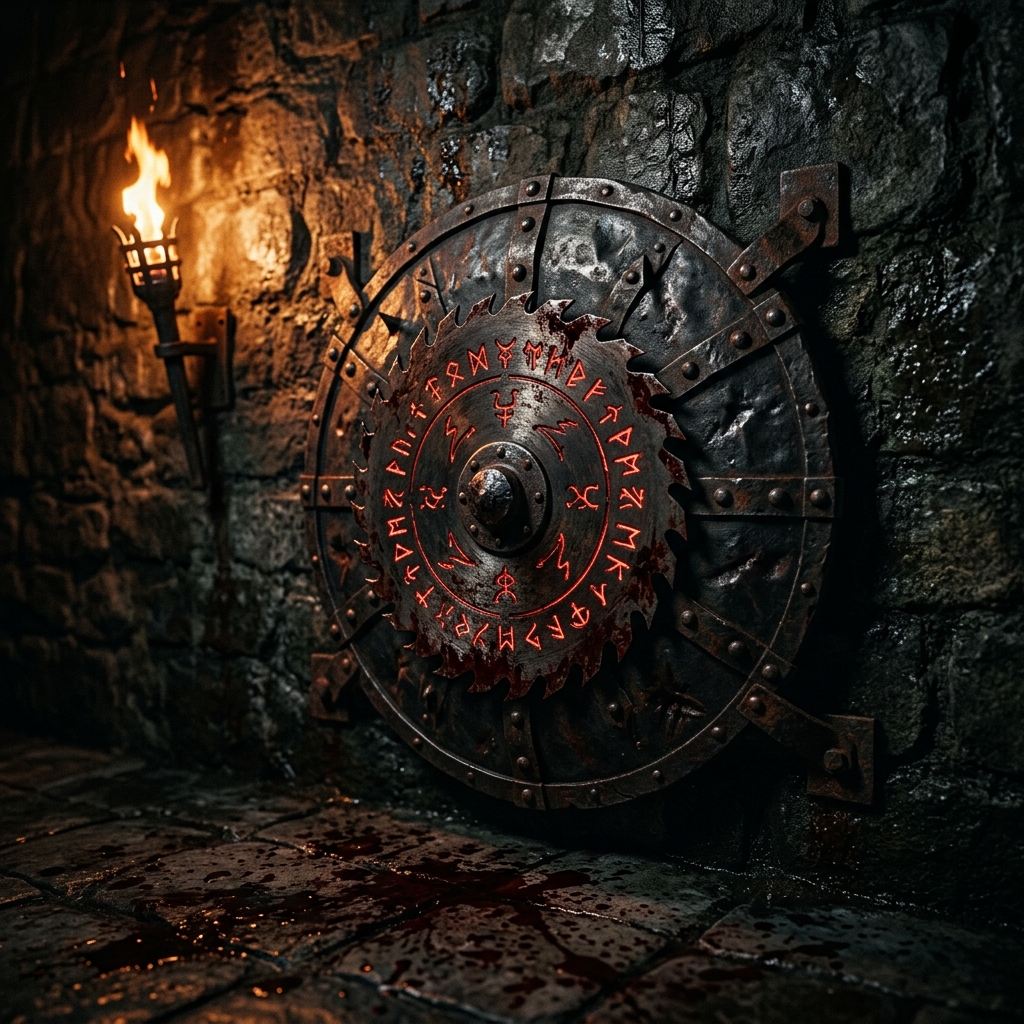 The Shield Saw weapon from Doom: The Dark Ages mounted against a torch-lit medieval stone wall, its circular demon-rune-etched blade catching the firelight