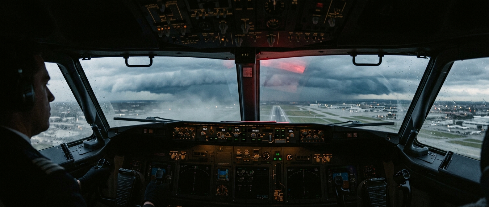 View through a cockpit windshield toward a cloud-darkened sky and hazy runway below, instrument panel silhouetted in the foreground with a faint red warning glow reflected in the glass