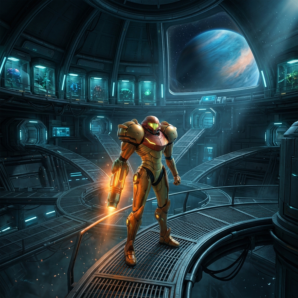 Samus Aran stands in the center of a vast orbital research station hub, her arm cannon glowing orange as branching corridors extend in every direction, with deep space and a gas giant visible through wide panoramic windows