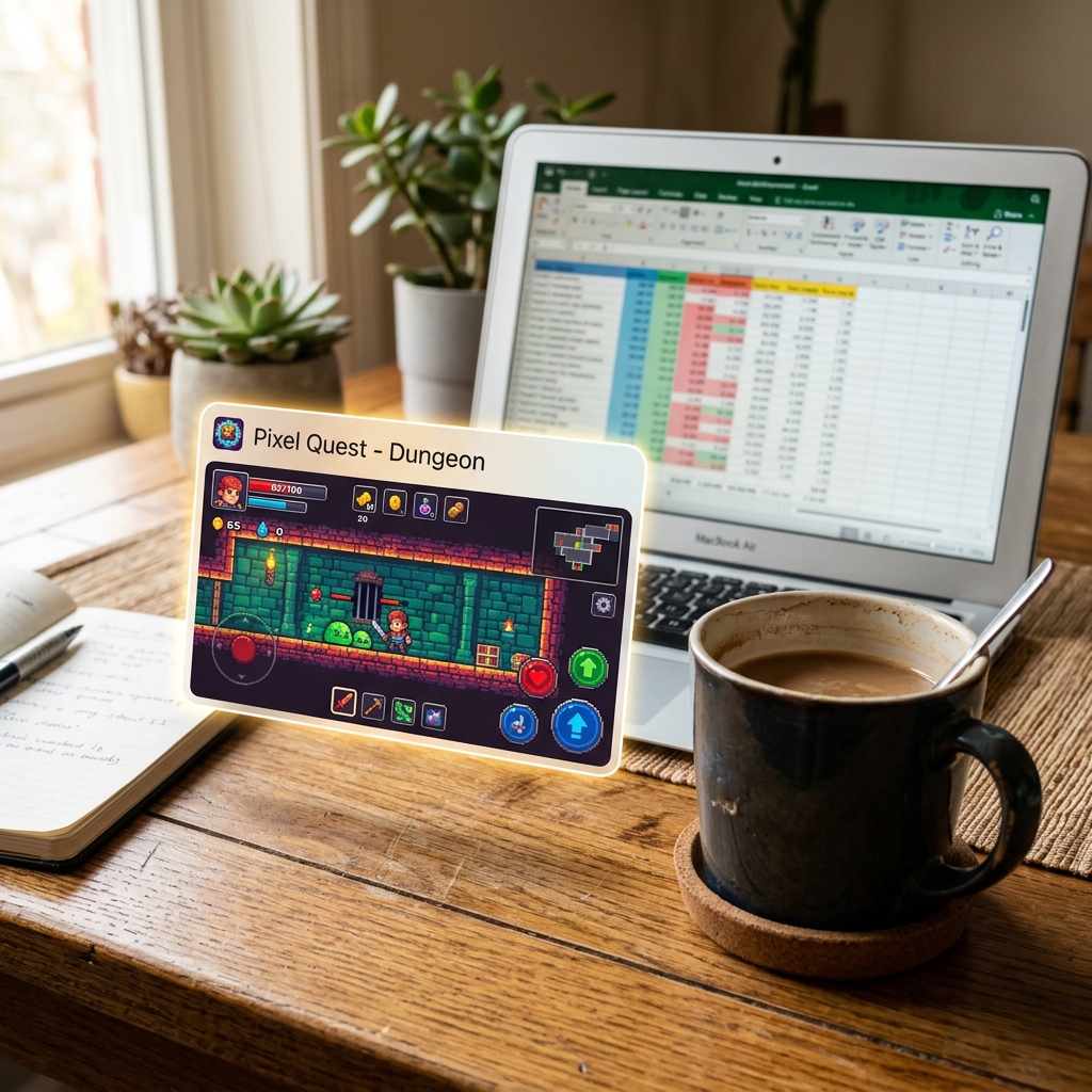 A browser tab opens directly into a compact game on a wooden desk, coffee mug and spreadsheet visible in the soft background light