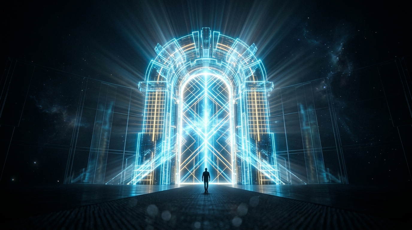 A lone figure approaches a massive glowing digital gateway in a dark void, its luminous geometric archway suggesting both entry and enclosure in a vast virtual space.