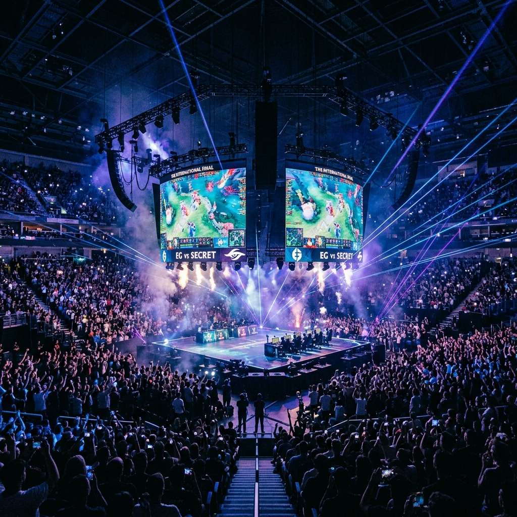 Packed esports arena with spectators under dramatic RGB lighting, giant LED screens, and players on a grand center stage