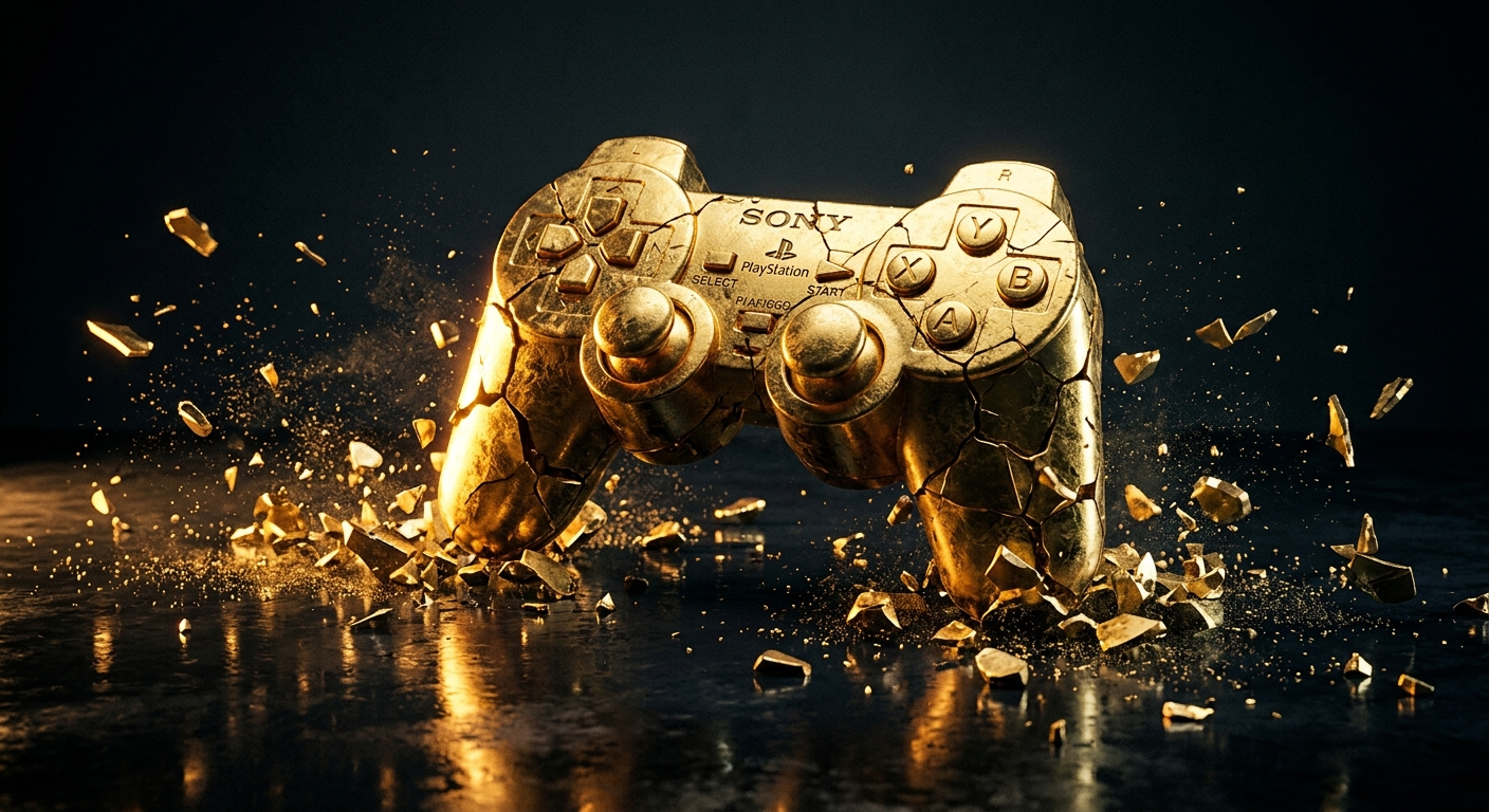 A cracked golden video game controller splits apart dramatically on a dark reflective surface, fragments scattering outward in cinematic side lighting symbolizing the collapse of the gaming industry's growth myth.