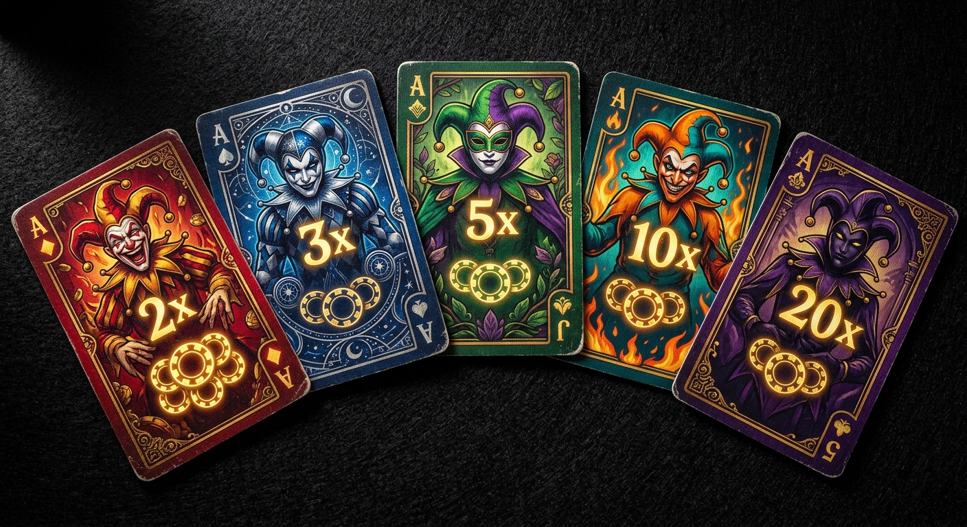 A spread of ornate joker cards with glowing multiplier symbols arranged on dark felt, showing stacked synergy combinations in vivid jewel tones
