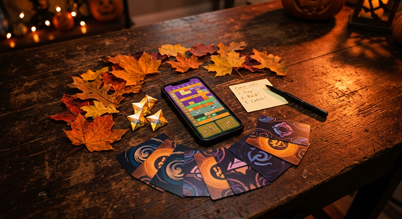 A glowing phone displaying a colorful event calendar surrounded by raid passes, star pieces, and autumn leaves on a warm-lit wooden table.