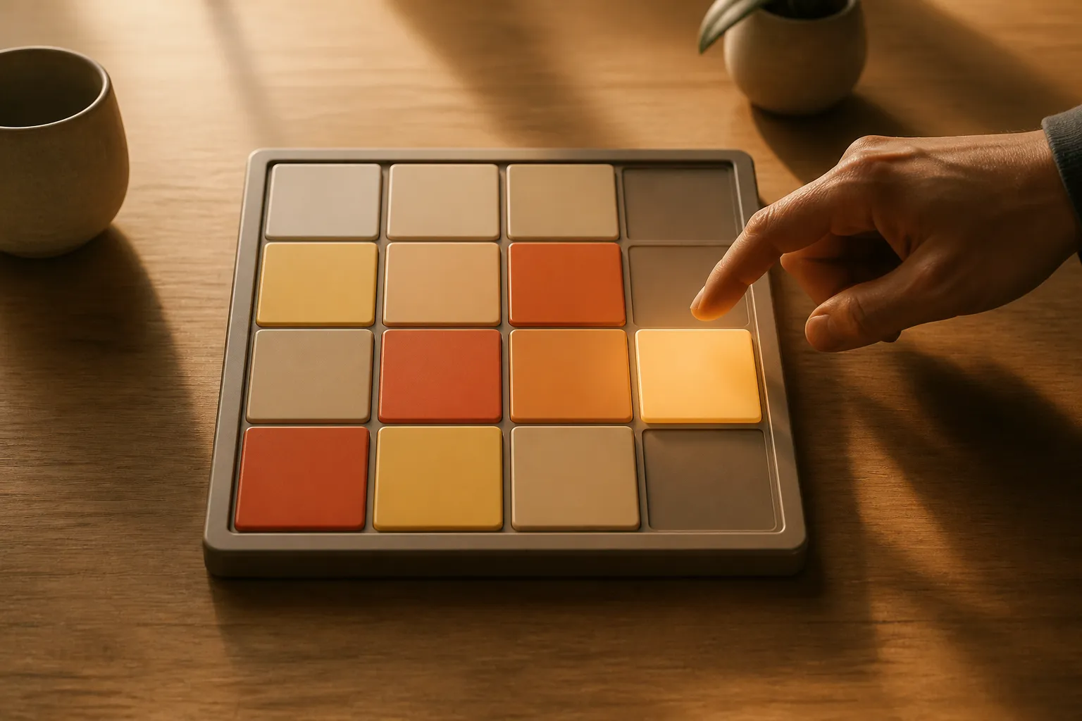 A sixteen-square sliding tile board in warm muted colors with a fingertip poised to swipe while a newly placed tile glows in an open cell, suggesting the random step that reshapes the next move.