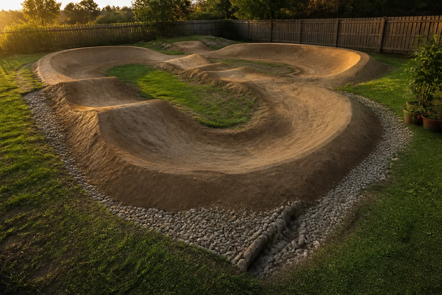 A backyard dirt pump track at golden hour with a compact loop of banked berms and evenly spaced rollers, surrounded by open grass, a drainage swale, and clear room to enter and stop.