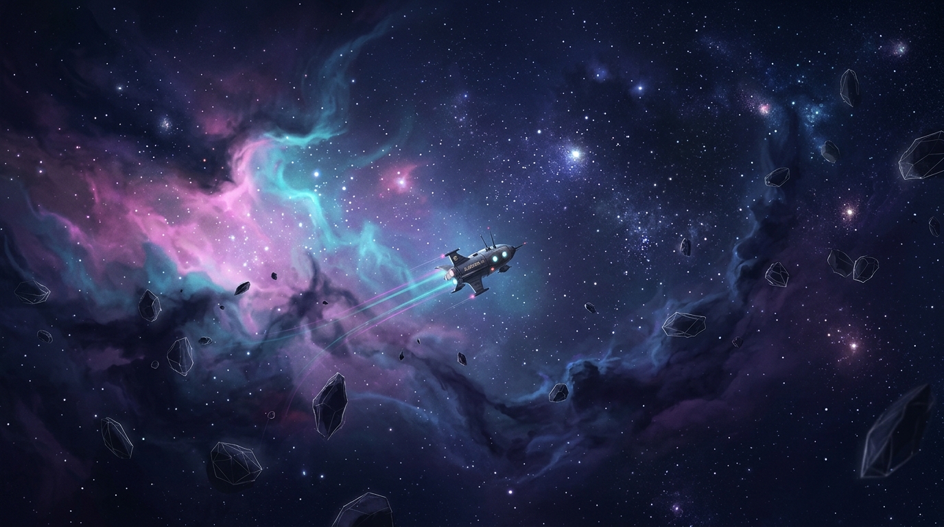 A lone retro-futurist spacecraft drifts small and distant through a vast neon-lit nebula, its fading cyan and magenta exhaust trails dissolving into deep indigo starfields and glowing cosmic dust.
