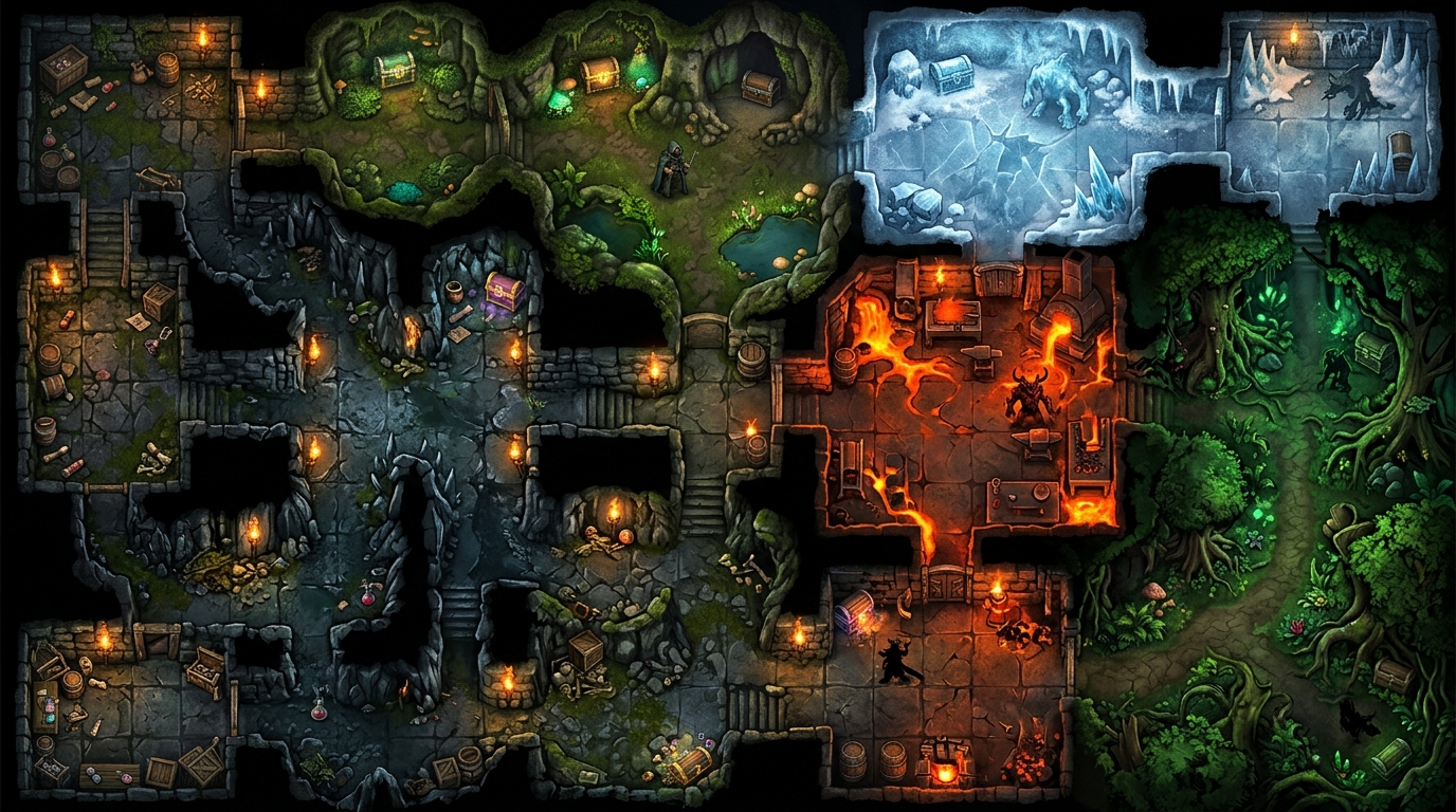 Overhead view of a procedurally generated dungeon with diverse biomes including icy chambers, lava forges, stone corridors, and forest groves, scattered with enemies, treasure, and environmental details.