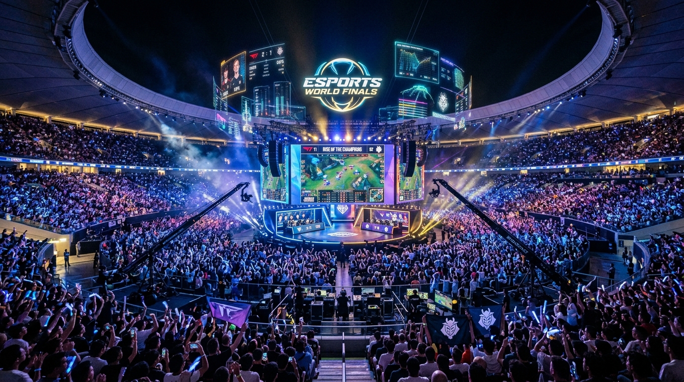 A packed esports arena at night with giant LED screens, holographic overlays, and thousands of spectators bathed in blue and purple light