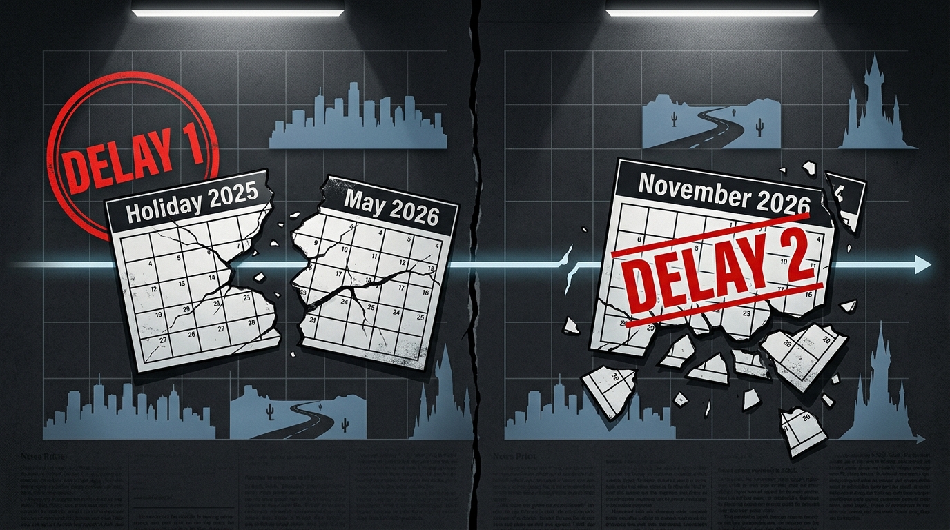 A split editorial illustration showing two broken calendar dates connected by a cracked timeline arrow, with rival open-world cityscapes filling the background gap between two prominent red delay stamps