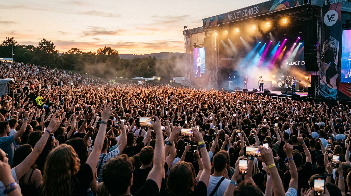 A massive crowd at an indie music concert stretches toward a glowing stage, phones raised, colored light beams cutting through haze in a wide cinematic venue shot