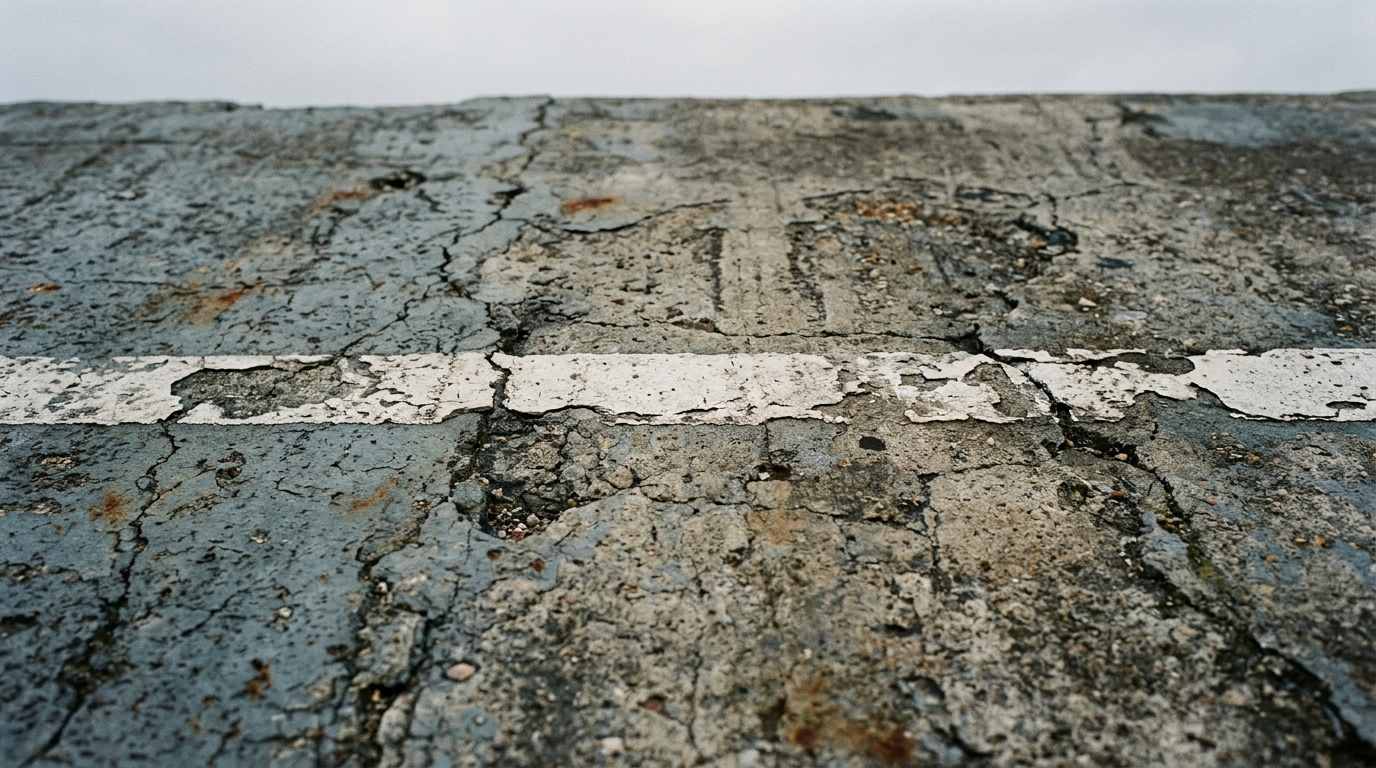 A weathered concrete surface with a faded white dividing line running across its center
