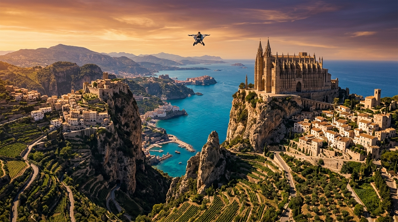 A lone gliding figure soars between sheer Mediterranean sea cliffs in Wuthering Waves' Rinascita, with cascading white-stone villages and a towering cathedral spire rising from the rocky coastline below in golden-hour light.